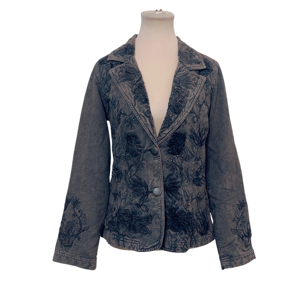 Coldwater Creek Womens Blazer 6 Brown Embroidered Beaded Floral Western Whimsy
